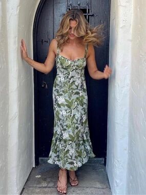 Reformation Olive Green Botanical Tie-Shoulder Midi Dress